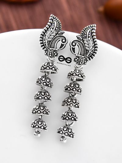 The Five Layered Peacock Jhumkis - Oxidised Boho Earrings