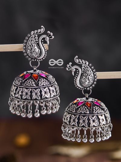 The Large Statement Peacock Jhumkas - Embellished Oxidised Collection