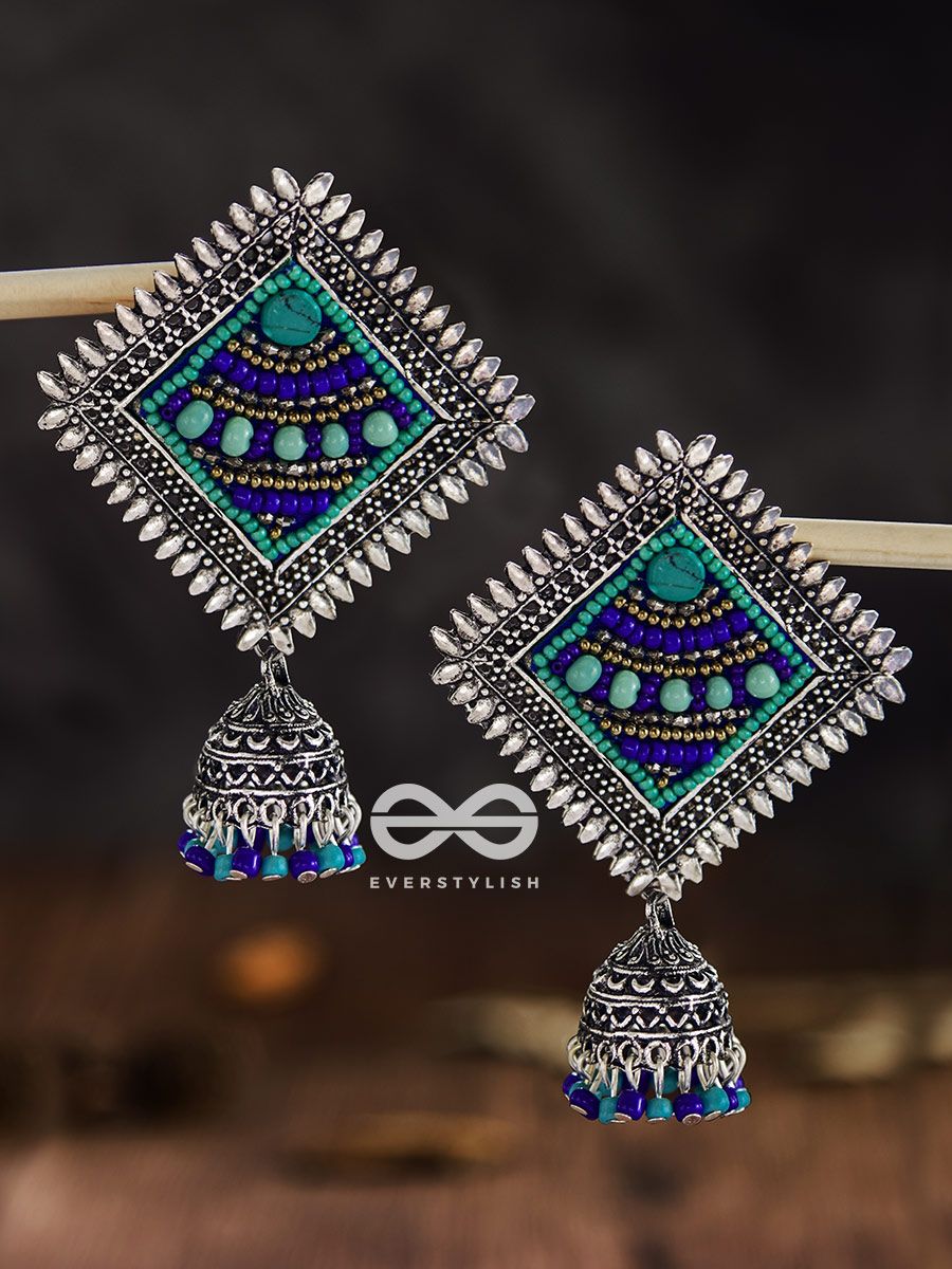 The Beaded Bohemian Square Jhumkas Blue Hues Embroidered Oxidised Collection