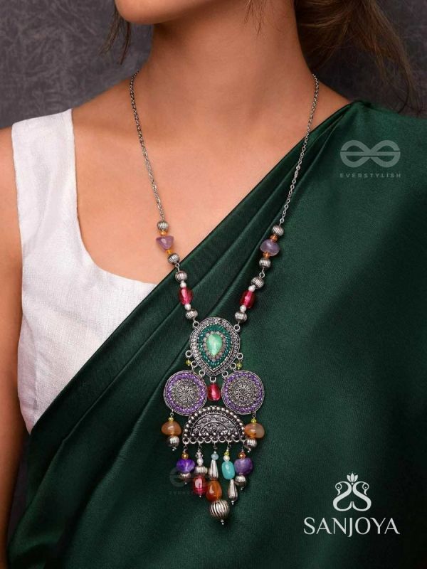 CHITRAVARNA - THE COLORFUL CHARMS - STONE AND GLASS DROPS EMBROIDERED AND OXIDISED NECKPIECE (MULTICOLOR)