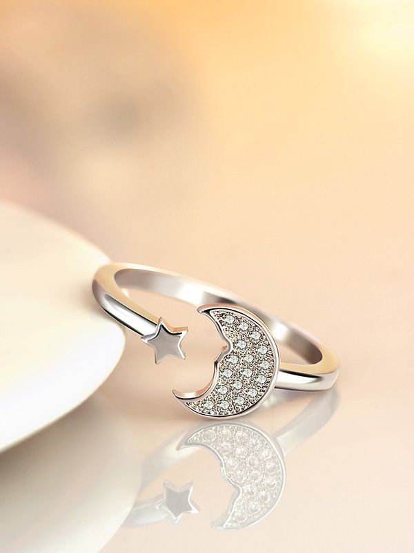 Stars and crescent moon adjustable ring in silver