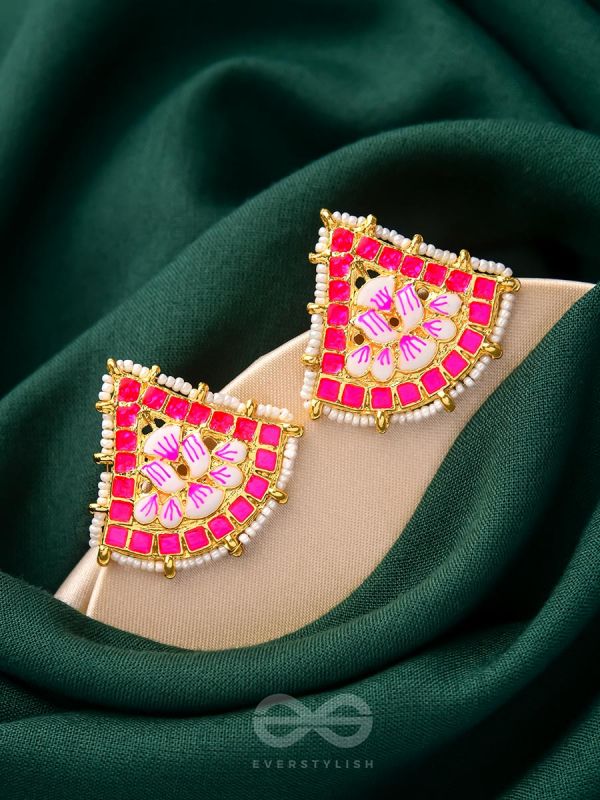 The Lotus Temple- Enamelled Statement Stud Earrings (Rose Pink)