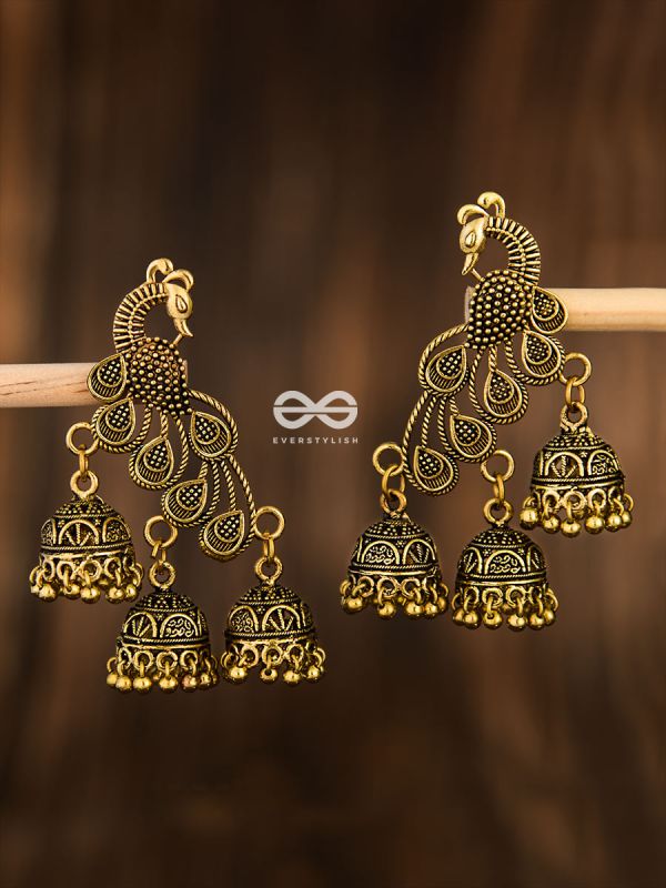 The Intricate Peacocks (Golden) - Triple Boho Jhumki Earrings