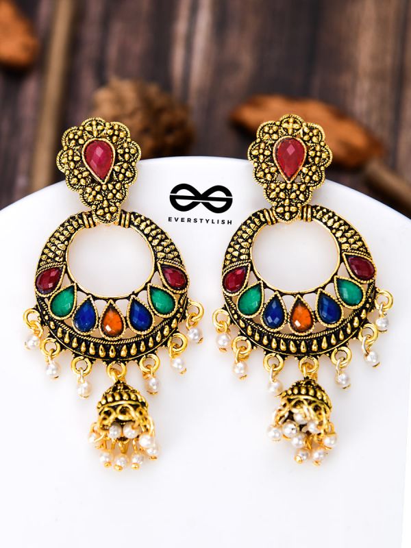 The Golden Embellished Jhumki Artwork - Embellished Oxidised Earrings