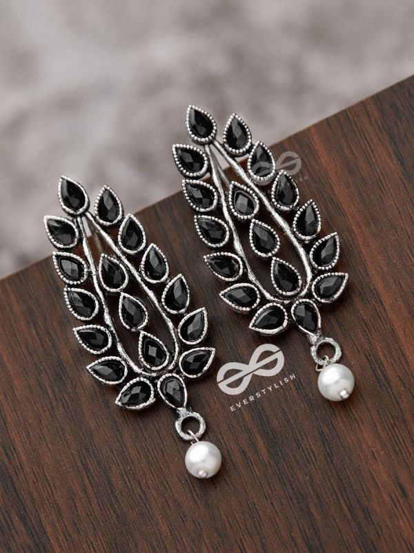 The Shimmering Leaves (Onyx Black)- Embellished Oxidised Earrings