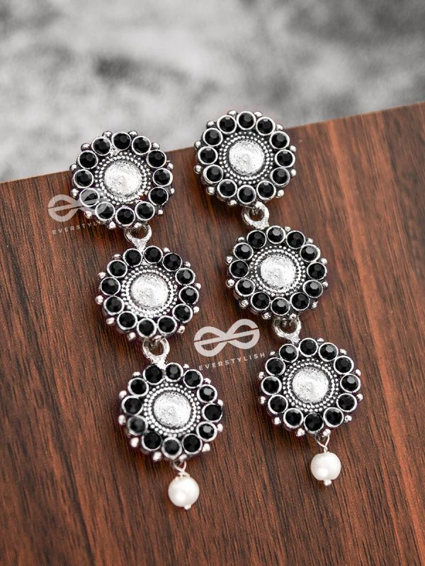 The Layered Boho Danglers (Onyx Black) - Embellished Oxidised Earrings 