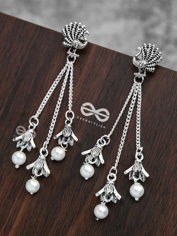 The Pristine Peacock Triple Pearl Jhumkis - Oxidised Boho Earrings