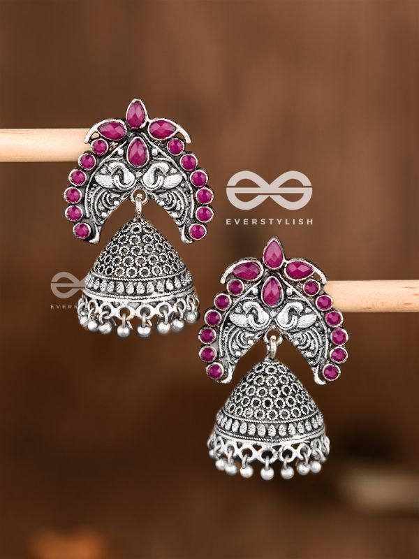 The Incredibly Indian Artwork Jhumkas (Ruby Red) - Embellished Oxidised Collection