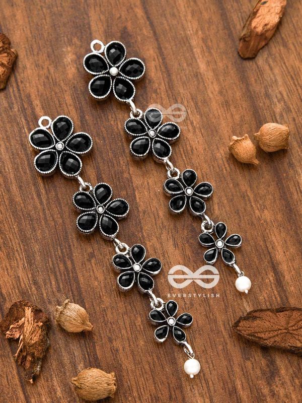 The Four Layered Dangling Floral Studs (Onyx Black) - Embellished Oxidised Collection
