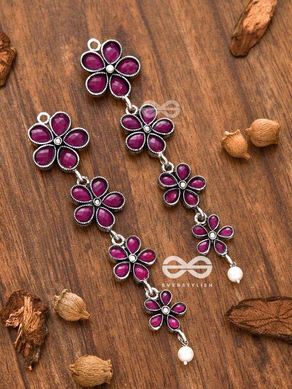 The Four Layered Dangling Floral Studs (Ruby Red) - Embellished Oxidised Collection