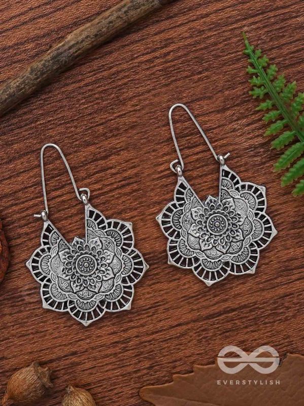 The Intricate Flower Danglers (Silver) - Oxidised Boho Earrings