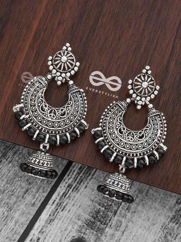 The Motif Moon Pearled Jhumkis(Silver-Black) - Oxidised Boho Earrings