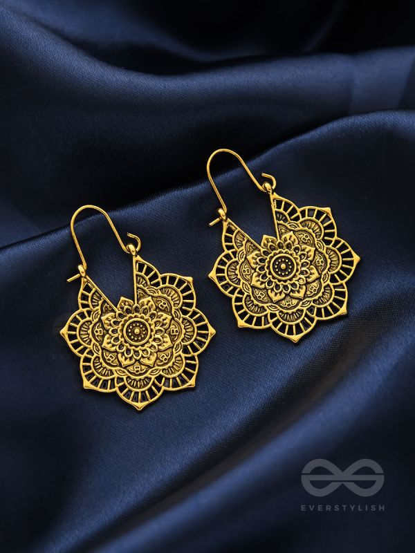 The Golden Intricate Flower Danglers - Oxidised Boho Earrings