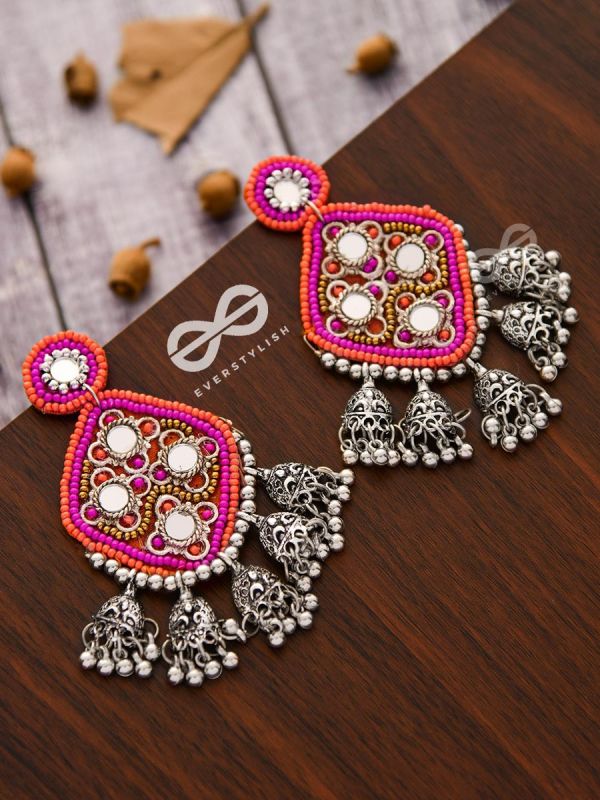 An Intricate Mirror Work Multi Jhumki Embroidered Earrings (Pink)