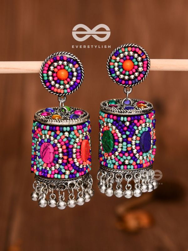 The Magnetic Attention Getters (Multicoloured) - Embroidered Boho Jhumkas
