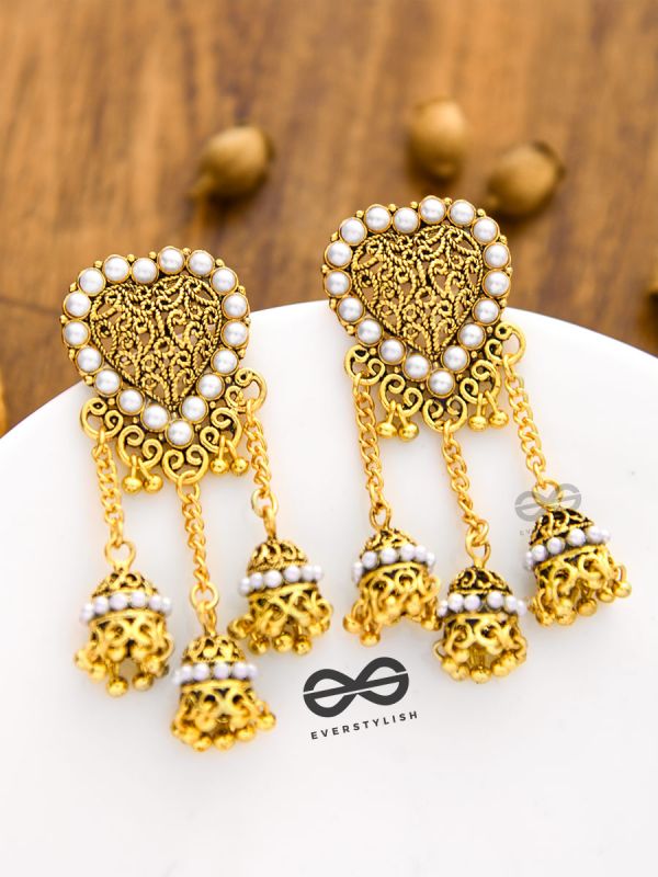 The Boho Pearl Heart Triple Jhumki Earrings (Golden)