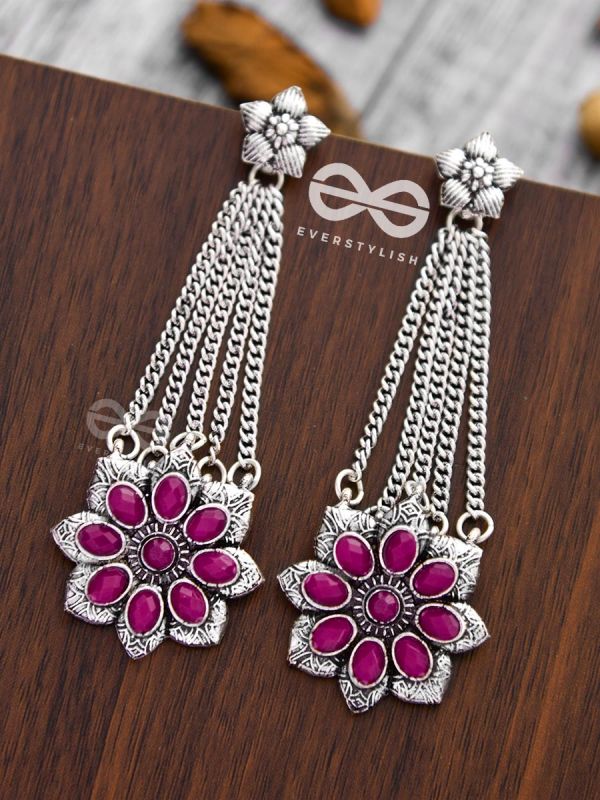The Floral Finesse - Embellished Oxidised Earrings (Ruby Red)