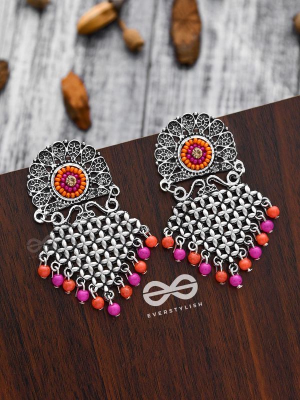 The Criss-Cross Embroidered Sun (Pink) - Embroidered Oxidised Earrings