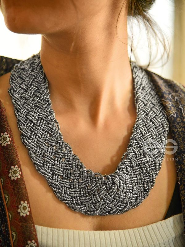 The Beauteous Braided Criss-Cross Beaded Necklace (Silver)
