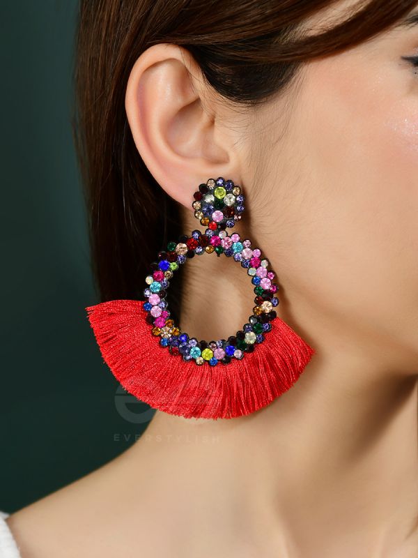 A Shimmery Allure - Statement Tassel Earrings (Red)