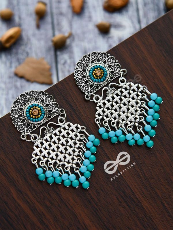 The Criss-Cross Embroidered Sun (Blue) - Embroidered Oxidised Earrings