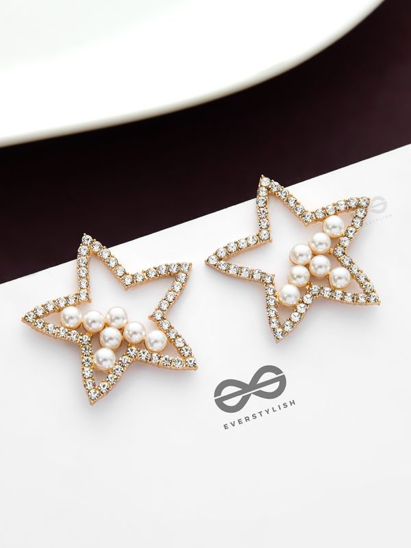 The Embellished Shimmery Stars - Golden Statement Earrings