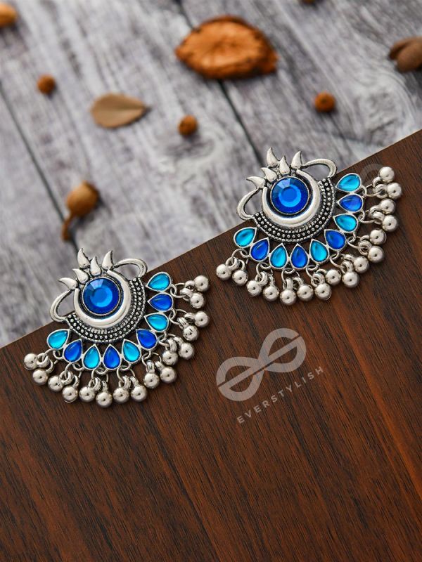 A Bohemian Tale - Embellished Oxidised Earrings (Teal Blue)