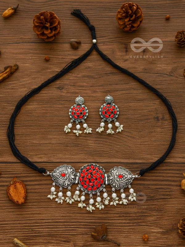 The Intricate Epitome - Embellished Oxidised Set of Choker and Earrings (Carmine Red)
