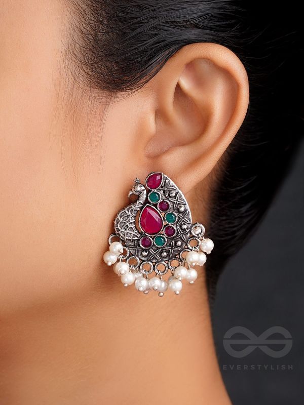 The Perky Peacock- Oxidised Enamelled Earrings