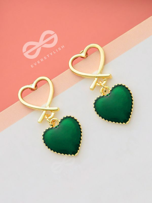 Heart-Eyed - Golden and Dark Green Resin Drop Earrings