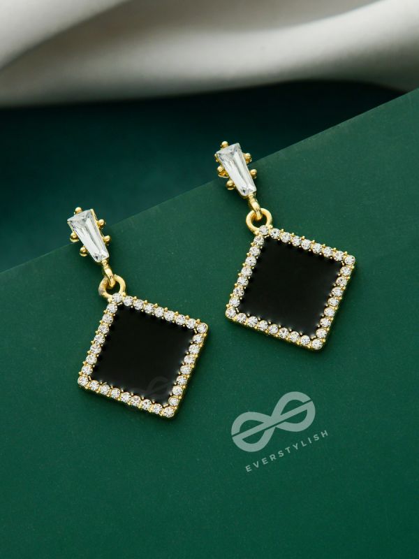 Stygian Squares- Gem Stone and Rhinestones Studded Black and Golden Earrings