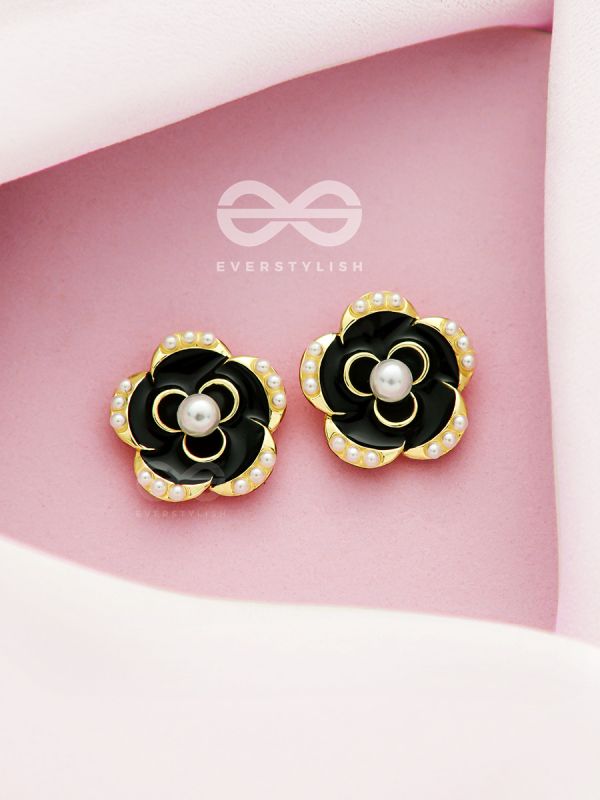 Dusky Blooms- Pearls Studded Black and Golden Earrings