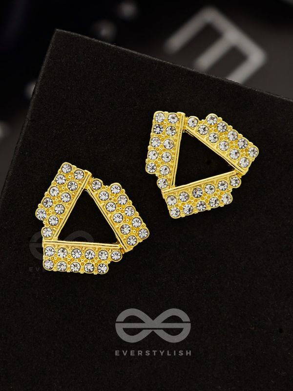 Twisted Triangles- Rhinestones Encrusted Golden Earrings