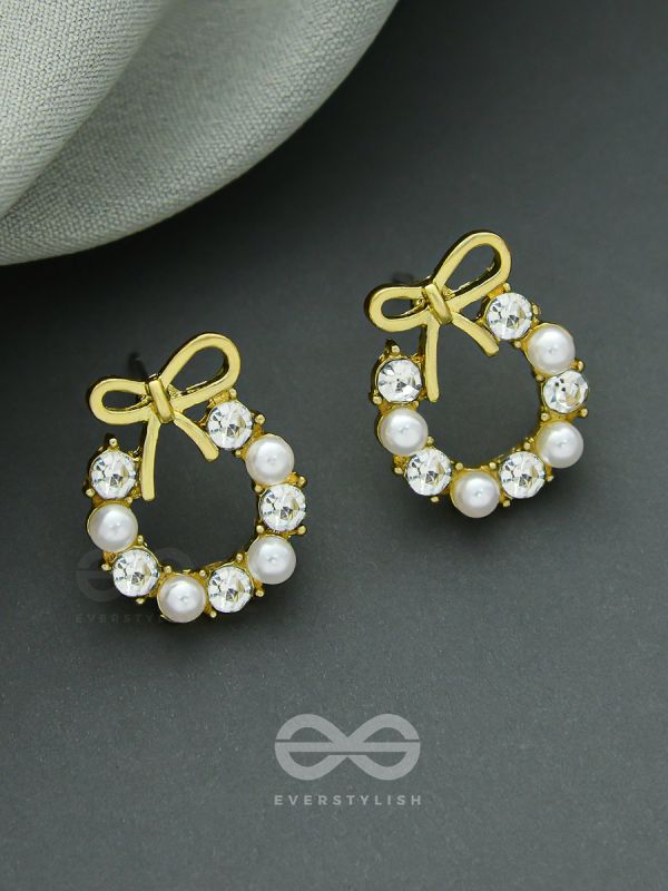 Pearl-fect Bows - Pearl and CZ Stone Studded Golden Earrings