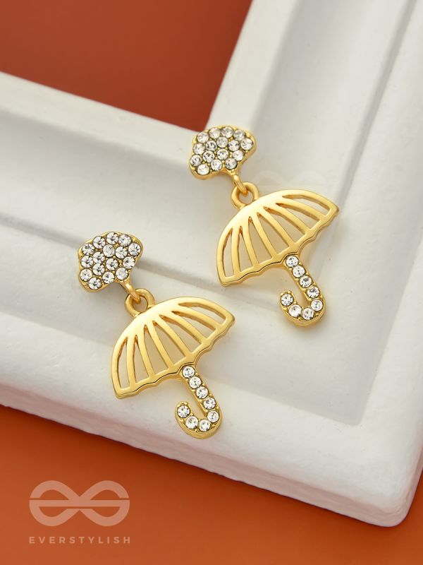 Rainy Day- CZ Stones Studded Golden Umbrella-Shaped Earrings