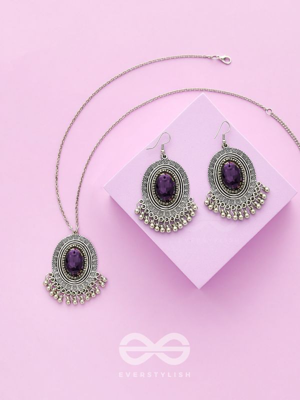 The Victorian Spell - Purple Crystals Silver Necklace and Earrings Set