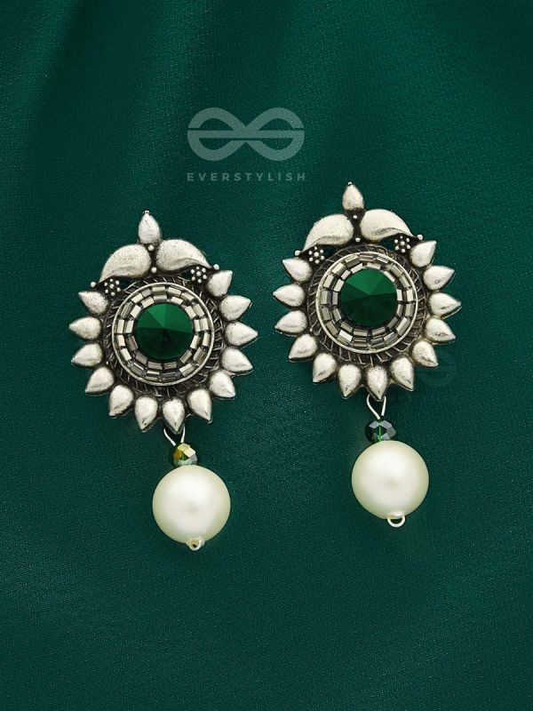 The Emerald Sun- Green Crystal Encrusted Silver Pearl Earrings
