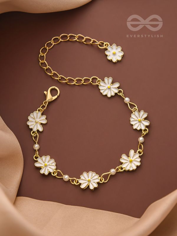 The Valley of Flowers- Enamelled Golden Bracelet (White)