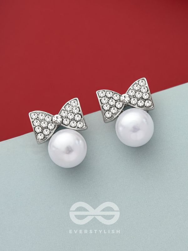 Bow-Toons- Silver Rhinestones and Pearl Earrings