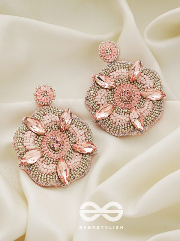 UTTMANSH- THE FASCINATING FLOWER- STONE AND BEADS EMBROIDERED EARRINGS (PALE PINK)