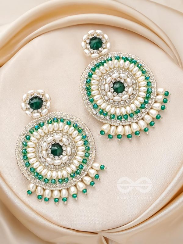 Advaita- The Unique Sphere- Emerald Green Stone, Pearls, and  Glass Beads Embroidered Earrings