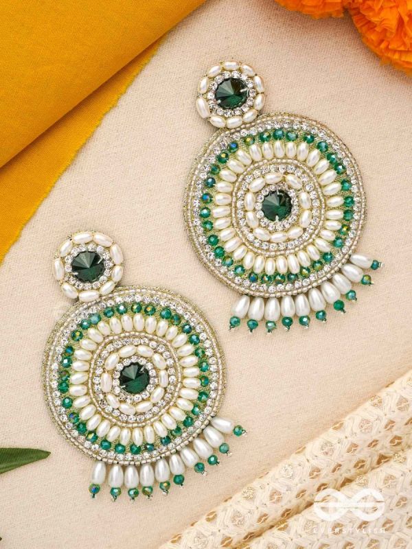 Advaita- The Unique Sphere- Emerald Green Stone, Pearls, and  Glass Beads Embroidered Earrings
