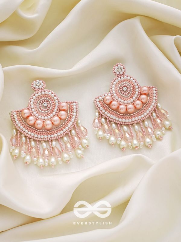 SURAMYA- THE PICTURESQUE CRESCENT- SEQUINS, GLASS BEADS AND STONE EMBROIDERED EARRINGS (SALMON PINK)