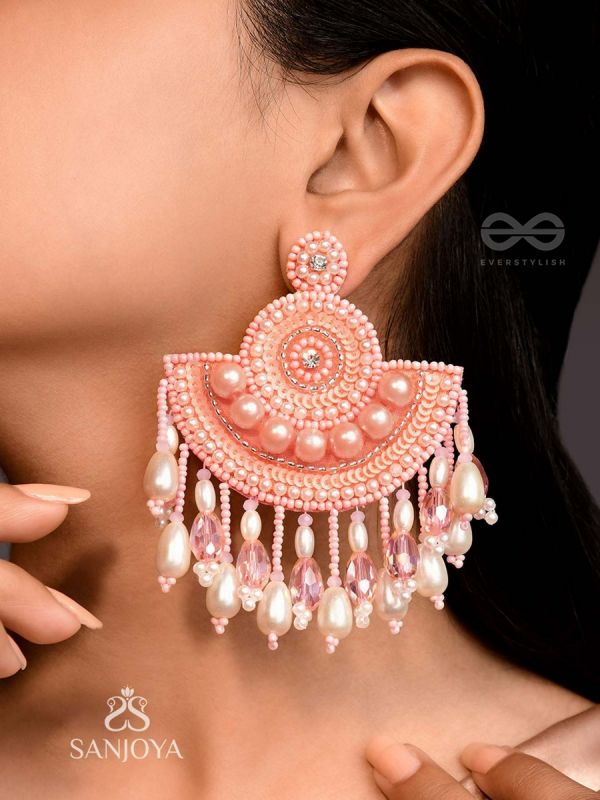 SURAMYA- THE PICTURESQUE CRESCENT- SEQUINS, GLASS BEADS AND STONE EMBROIDERED EARRINGS (SALMON PINK)