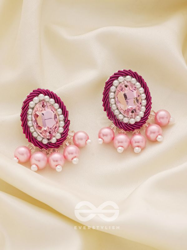  PANKEROOH- THE LOVELY LOTUS - PEARL AND STONE EMBROIDERED EARRINGS (BLUSH PINK & MAGENTA)
