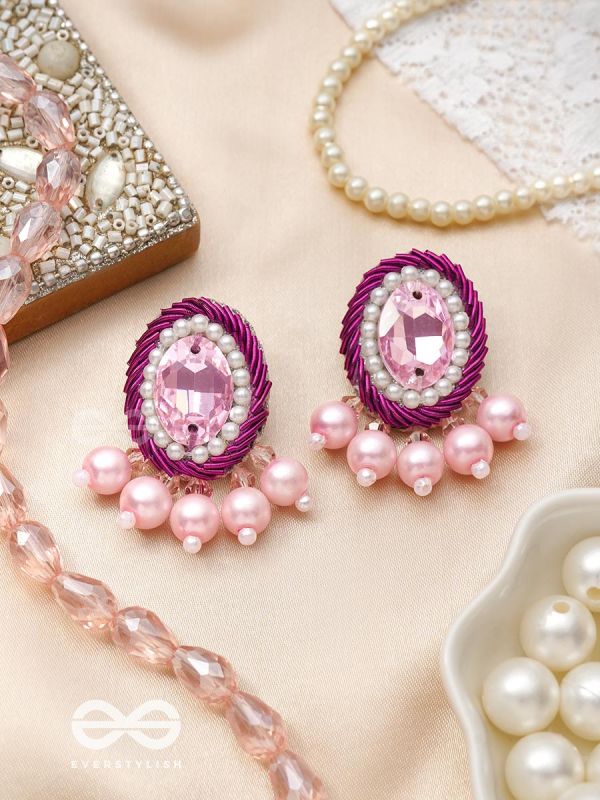  PANKEROOH- THE LOVELY LOTUS - PEARL AND STONE EMBROIDERED EARRINGS (BLUSH PINK & MAGENTA)