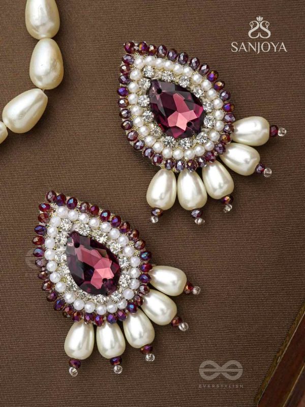 LAVANYA- THE GRACEFUL ONE- STONE, PEARLS, AND GLASS BEADS EMBROIDERED EARRINGS (ROSEWOOD RED)