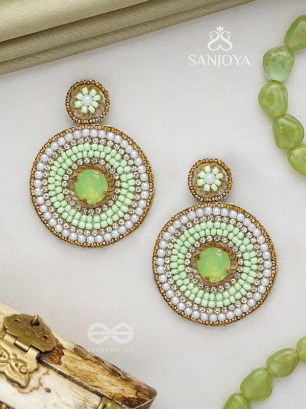 ADAMYA- THE INDOMITABLE SPIRIT- STONE, PEARLS, AND BEADS EMBROIDERED EARRINGS (LIME GREEN)