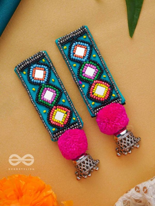 VARNAD- THE COLORFUL- BEADS AND MIRRORS EMBROIDERED EARRINGS (Parakeet Green, Ebony & Fuchsia Pink)