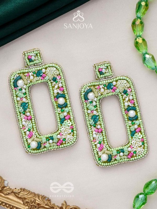 AARDRATVA- THE VERDANT- SEQUINS, PEARLS, BEADS AND STONES EMBROIDERED EARRINGS (LIME GREEN)